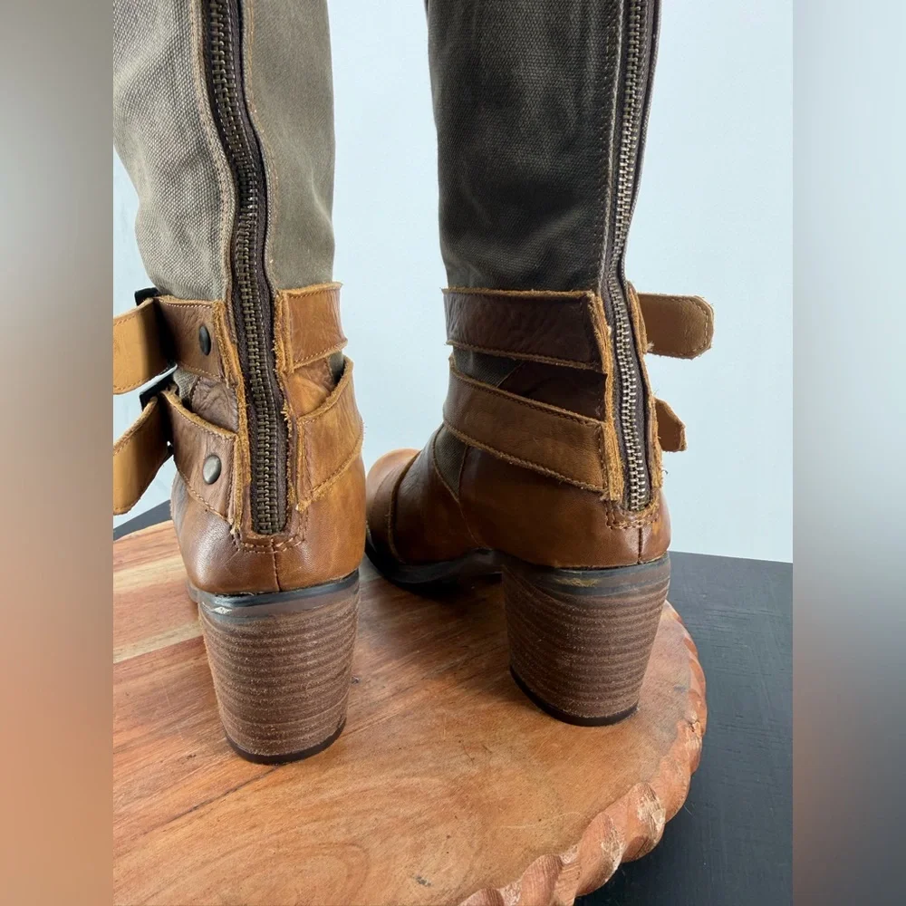 Durango harness tall boots sz 7 brown leather‎ green canvas